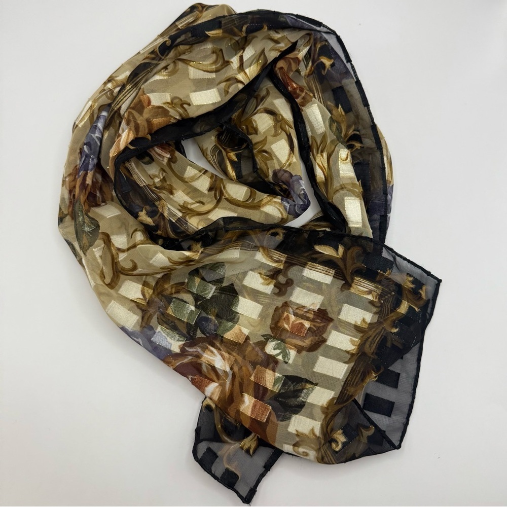 Cejon Accessories Sheer Rectangular Royal Roses Golden Floral Scarf 13x58” - Picture 2 of 7